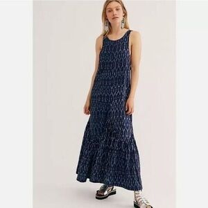 Free People Blue Maxi Sleeveless Boho Flowy Tiered Dress Size Medium